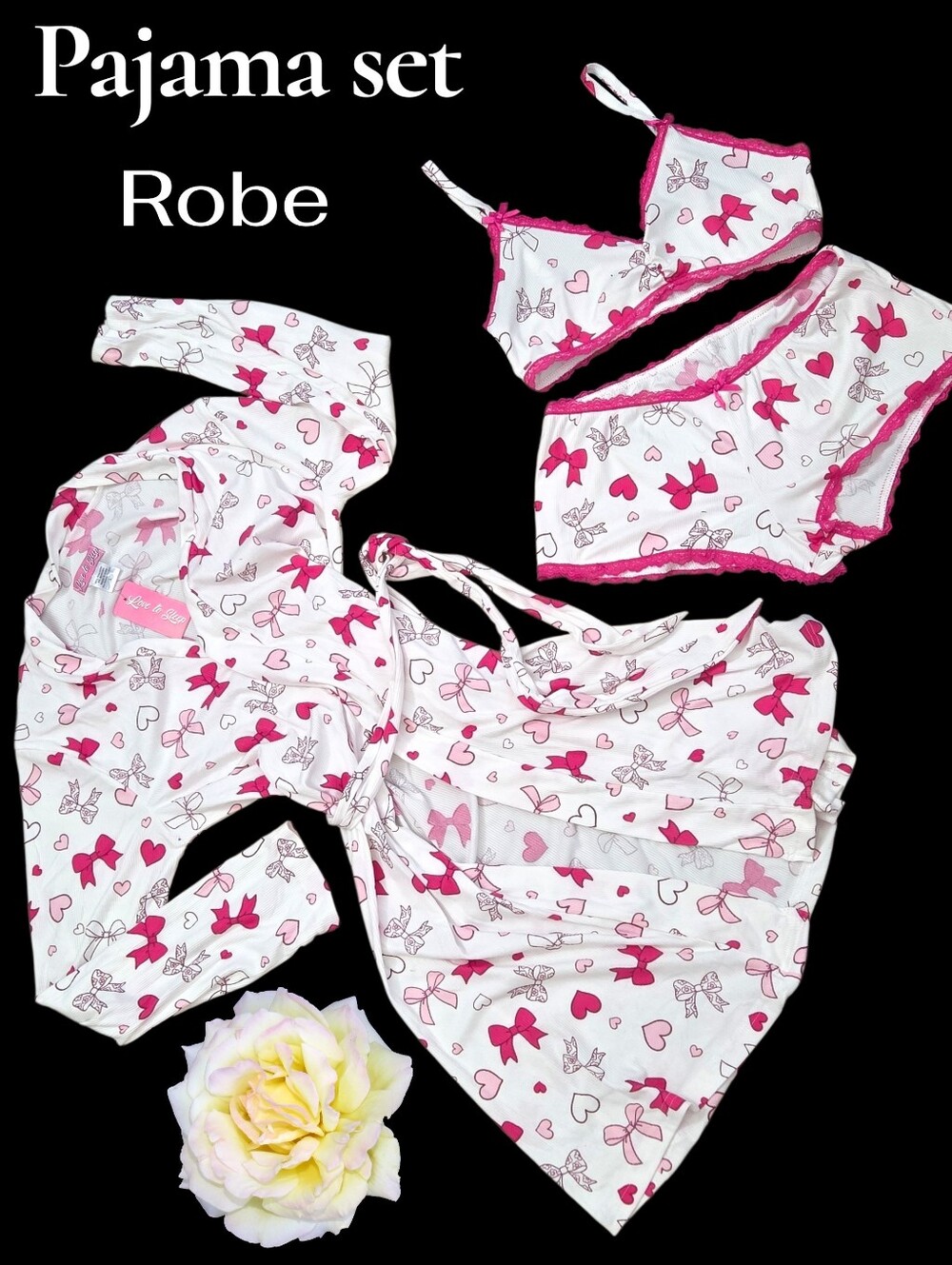 Hearts and bows 3pc sleep set rope and pj's set Women size L